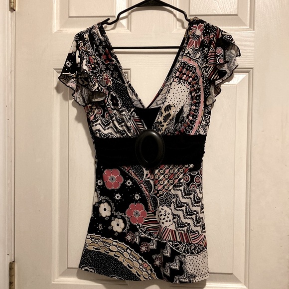 V-neck Blouse with Belt - Picture 1 of 5
